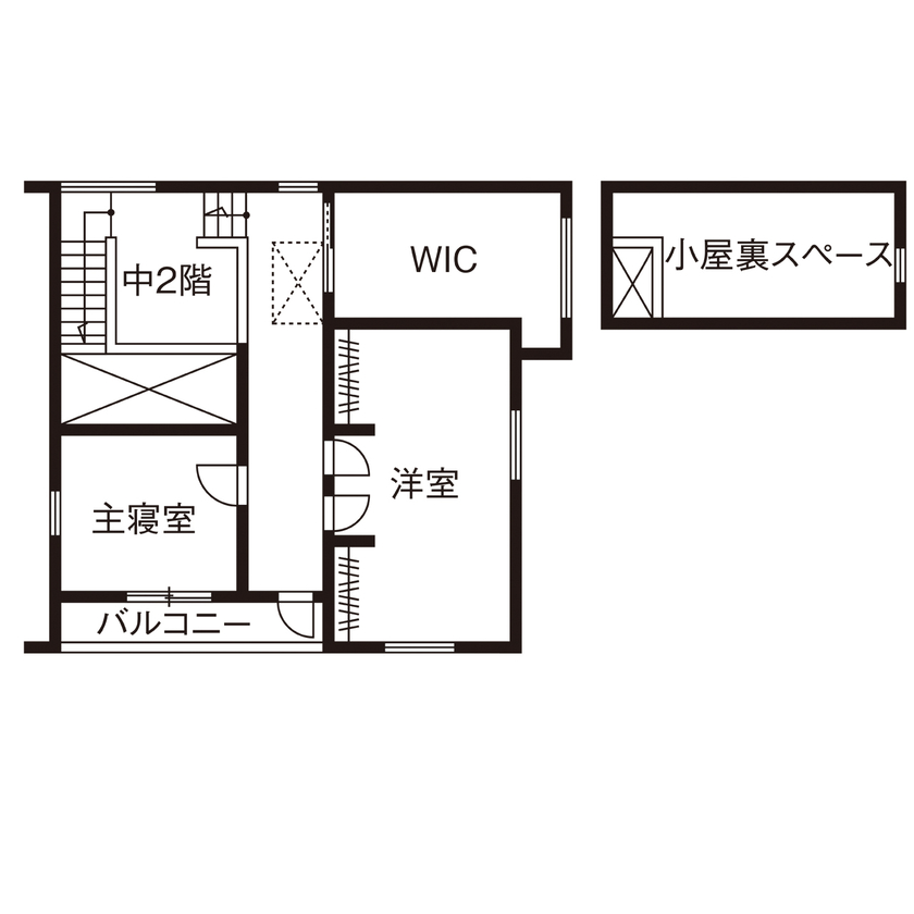 Lib Work 【2000万円台前半／カフェ風／土間】開放的なLDK、中2階、小屋裏スペース…。理想を叶えるアイデア満載の家の間取り図（2LDK）２階