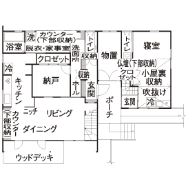 徳田工務店 【3000万円/48坪/間取り有】自然素材をふんだんに使った、3世代が心地よく暮らす家の間取り図（4LDK）1階