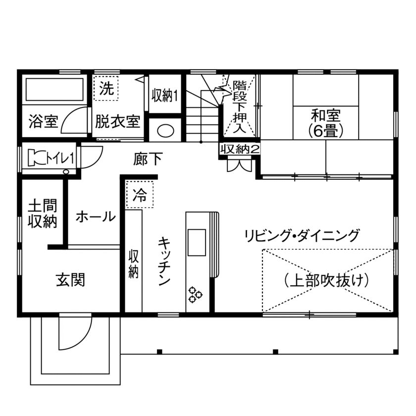 徳田工務店 【37.1坪/宮城県産材78.5％使用】ゆとりと開放感、遊び心も散りばめた「ヴィンテージ」テイストの家の間取り図（3LDK）１階