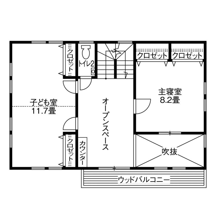 徳田工務店 【37.1坪/宮城県産材78.5％使用】ゆとりと開放感、遊び心も散りばめた「ヴィンテージ」テイストの家の間取り図（3LDK）２階