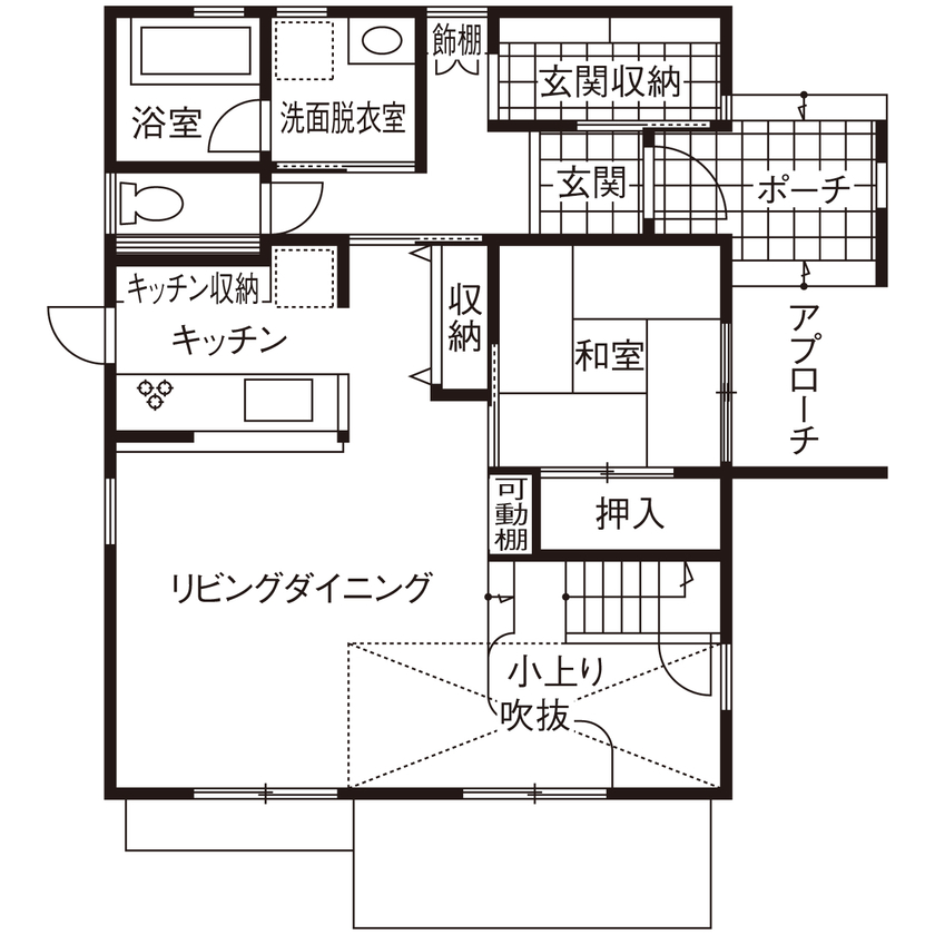 徳田工務店 【間取図有｜2500～2999万円｜4LDK＋小上がり｜小屋裏収納｜ZEH】木の温かみに包まれたフリーデザインの家の間取り図（4LDK＋小屋裏収納）1階