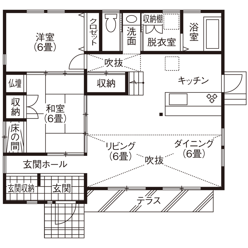 徳田工務店 【間取図有｜2500～2999万円｜太陽光発電｜庭園風のアプローチ】木の空間に音楽が心地よく響く平屋風の家の間取り図（3LDK＋フリースペース）1階