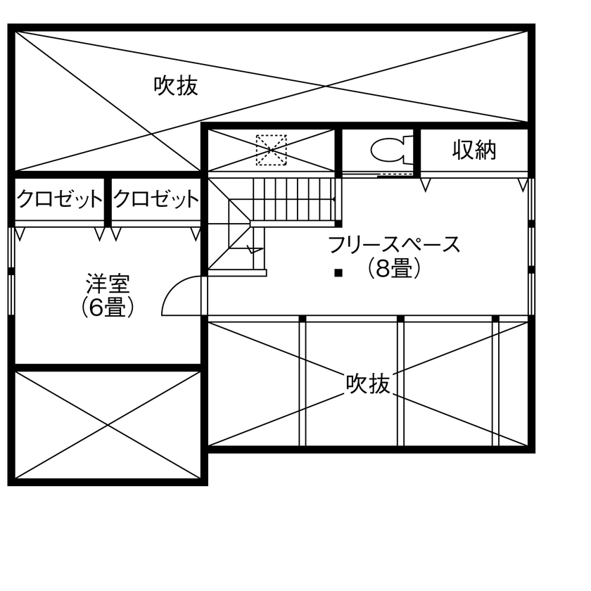 徳田工務店 【間取図有｜2500～2999万円｜太陽光発電｜庭園風のアプローチ】木の空間に音楽が心地よく響く平屋風の家の間取り図（3LDK＋フリースペース）2階