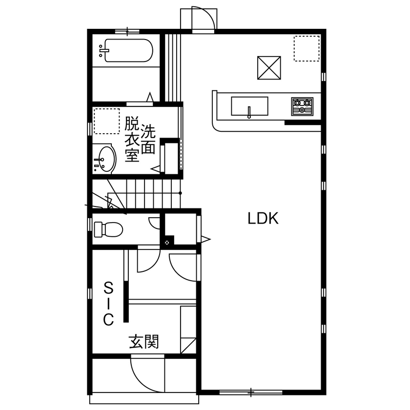 アイディホーム 【1300万円／間取図有／家事ラク動線】約44坪の敷地に駐車3台分を確保しつつ広々としたリビングを実現の間取り図（3LDK）1階
