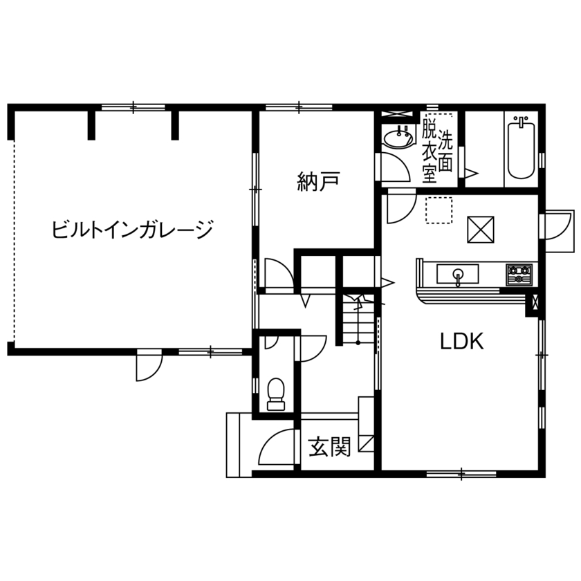 アイディホーム 【1600万円～1699万円／間取図有／ビルトインガレージ】便利な動線＆二世帯キッチン付きの快適な家の間取り図（3LDK）1階