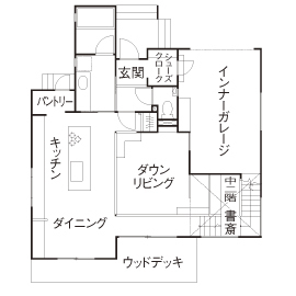 ネクストイノベーション 【2000万円台/インナーガレージ/スキップフロア/間取り図あり】“モダン”と“かわ いい”をＭＩＸした家の間取り図（3LDK）１階