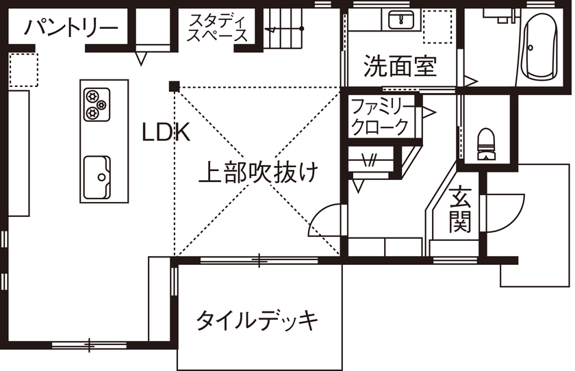 ネクストイノベーション 【30坪台/ナチュラルモダン】デザインと間取りにこだわり。ワイワイ楽しめるアイランドキッチンのある家の間取り図（3LDK）1階