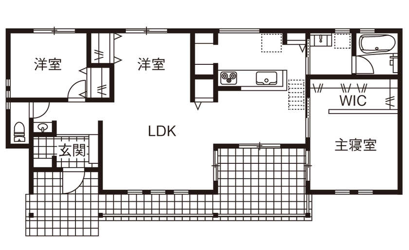 ネクストイノベーション 【2000万円台/平屋/アメリカンスタイル/20坪台/間取り図あり】海がよく似合う、 心地よい大屋根の住まいの間取り図（3LDK）1階