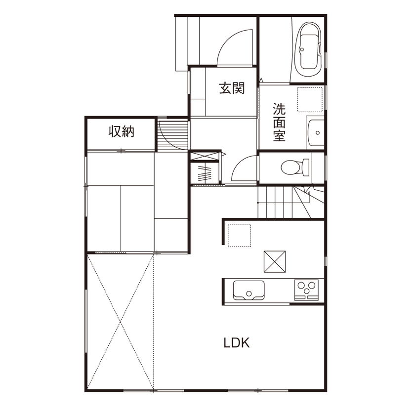 ネクストイノベーション 【1600万円/30坪/スタイリッシュ/間取り掲載中】細長い敷地に機能的な間取り。シンプルな、ちょうど良い家の間取り図（4LDK）1階