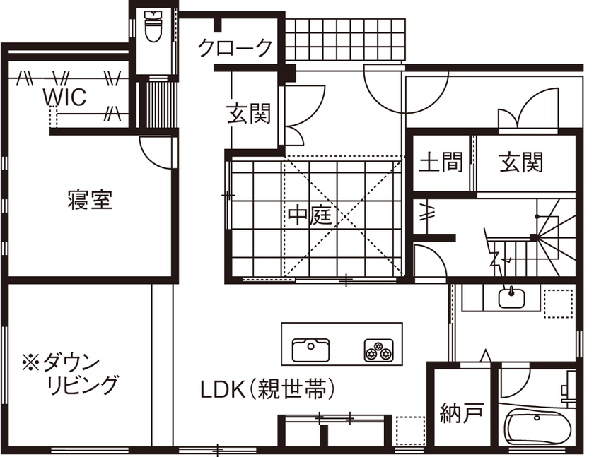 ネクストイノベーション 【愛知県/4000万円以上/50坪台/二世帯住宅/間取り掲載中】アイアンの門扉とその先に広がる中庭。想いを形にの間取り図（1LDK＋3LDK）1階