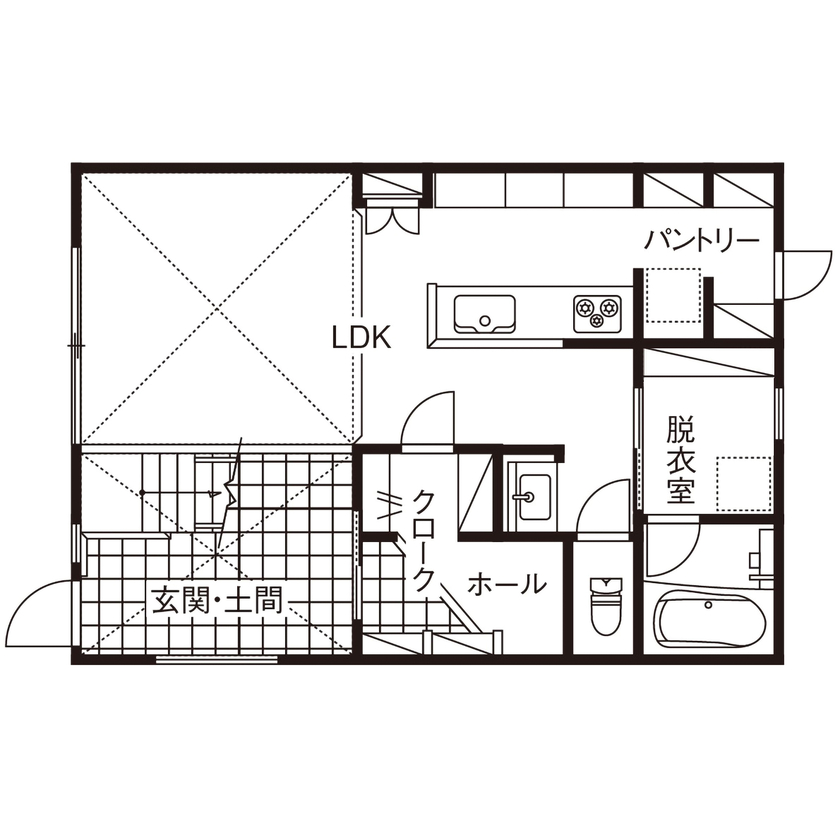ネクストイノベーション 【2000万円台/20坪台】広い土間スペースと大きな吹抜けが心地よい、夫婦2人の理想の1LDKの間取り図（1LDK）1階