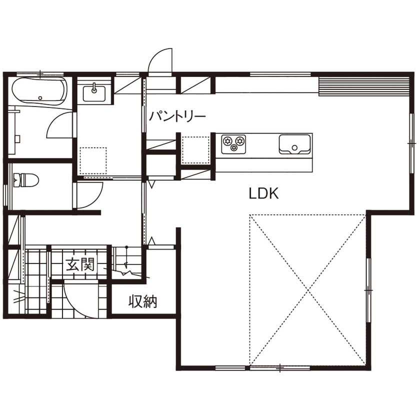 ネクストイノベーション 【2000万円台/30坪台】吹抜けと回遊動線が描く、開放感のあるホテルライクな住まいの間取り図（3LDK）1階