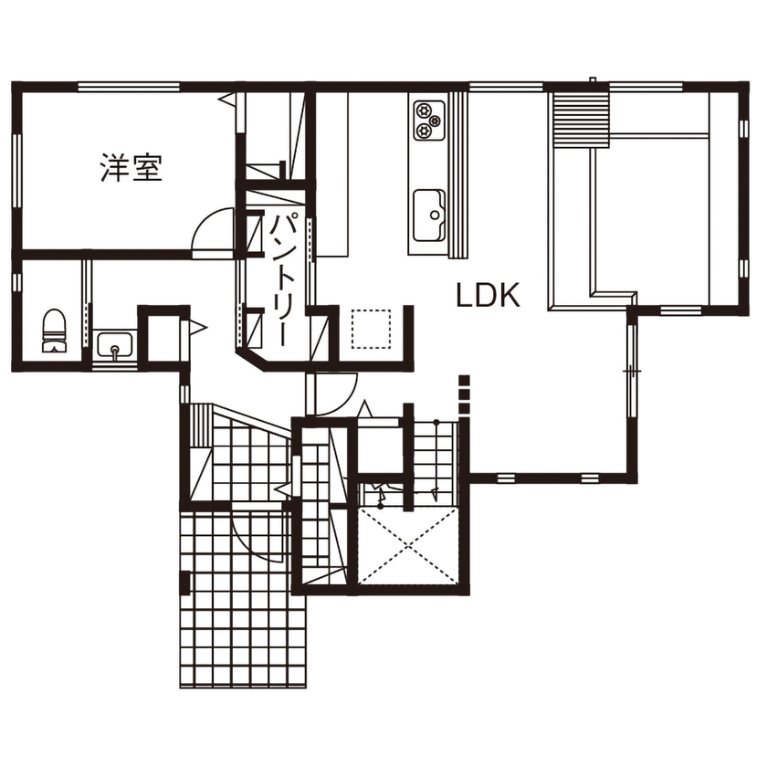 ネクストイノベーション 【2000万円台/40坪台】暮らしやすさとデザイン性を兼ね備えた、理想を叶えるダウンリビングの住まいの間取り図（4LDK）1階