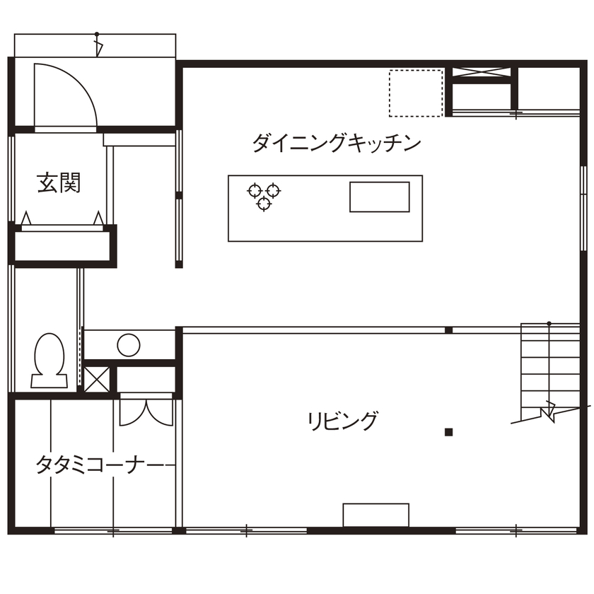 HOME CRAFT（ホームクラフト） 【愛知県｜30坪未満の２階建て】料理好き夫妻が建てた土間とスケルトン階段のある人の集まる家の間取り図（3LDK＋タタミコーナー）１階