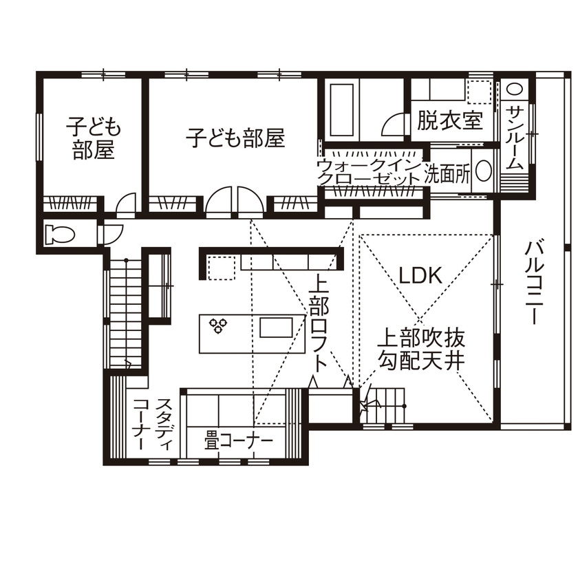 SOLE LIVING（相模原・町田・八王子） 【神奈川県｜子ども3人｜サンルーム】設計されたプランに納得。木の香り漂う自然素材の二世帯住宅の間取り図（4LDK+3LDK+S）2階