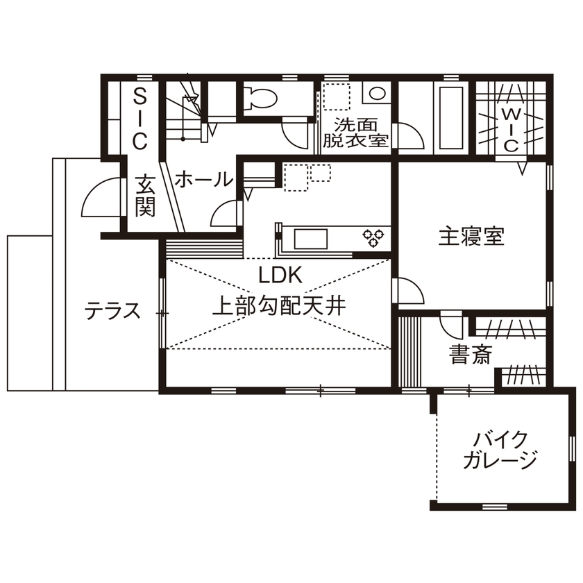 SOLE LIVING（相模原・町田・八王子） 【神奈川県｜3LDK｜バイクガレージ】趣味に寄り添ったプランと細部まで自然素材が魅力の熱効率がいい家の間取り図（3LDK）1階