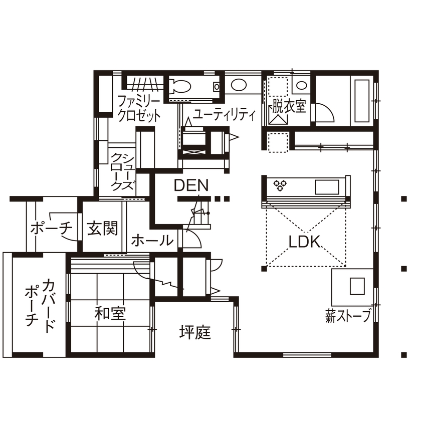 SOLE LIVING（相模原・町田・八王子） 【東京都｜4LDK+ロフト｜薪ストーブ】眺望に回遊動線もこだわりに応える設計力と自然にかこまれる家の間取り図（4LDK＋ロフト）1階