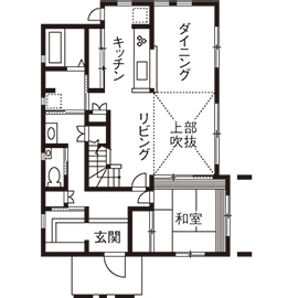 木と漆喰 十津川の家 高槻・池田住宅展示場 【1900万円/間取り図有り/兵庫県川西市】十津川村産直の木とスイス漆喰で建てた、子どもの笑顔が弾ける家の間取り図（4LDK）1階