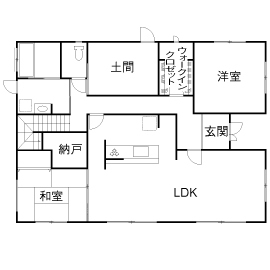 木と漆喰 十津川の家 高槻・池田住宅展示場 【2000万円台/間取り有り/奈良市/国産材100％/漆喰】十津川村産直の木で希望を叶えた自然素材の家の間取り図（5K以上）1階