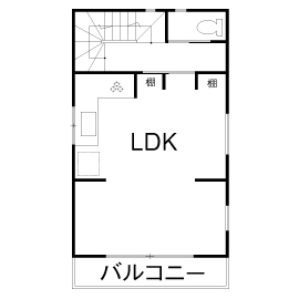 木と漆喰 十津川の家 高槻・池田住宅展示場 【1726万円／間取り図有り／高槻市】北摂・約16坪の狭小地に建てた3階建て「木と漆喰」自然素材の家の間取り図（2LDK）2階