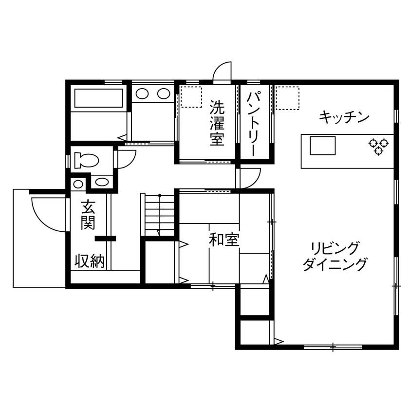 木と漆喰 十津川の家 高槻・池田住宅展示場 【1830万円/豊能郡/間取り図有り】太陽光発電+蓄電池込！子育て共働き夫婦の、家事ラク＆災害に備える家の間取り図（4LDK）1階