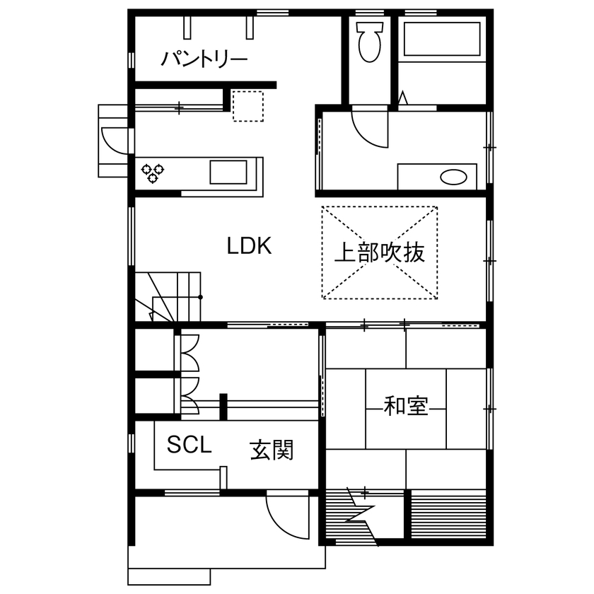 木と漆喰 十津川の家 高槻・池田住宅展示場 【2300万円/間取り有り/摂津市】国産の木とスイス漆喰で北摂・駅近で建て替える　高齢の母や愛犬と暮らす家の間取り図（4LDK＋ロフト）1階