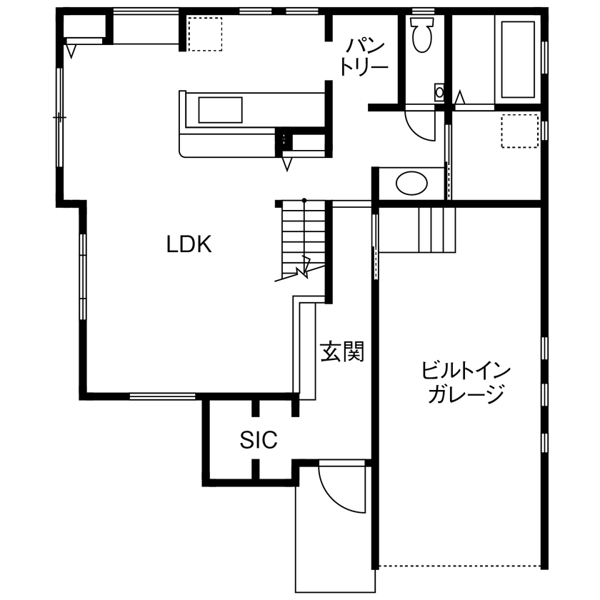 木と漆喰 十津川の家 高槻・池田住宅展示場 【2000万円台／池田市／間取り図有り】木とスイス漆喰でつくった、趣味と暮らしを楽しむガレージハウスの間取り図（2LDK）1階