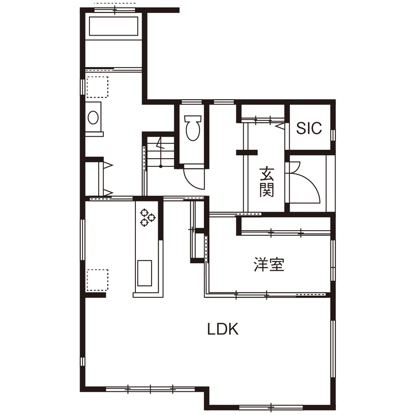 木と漆喰 十津川の家 高槻・池田住宅展示場 【2000万円台/間取り図有り/豊中市】将来的な介護も見据え、60代で建て替え。自然素材たっぷりの終の棲家の間取り図（4LDK）1階