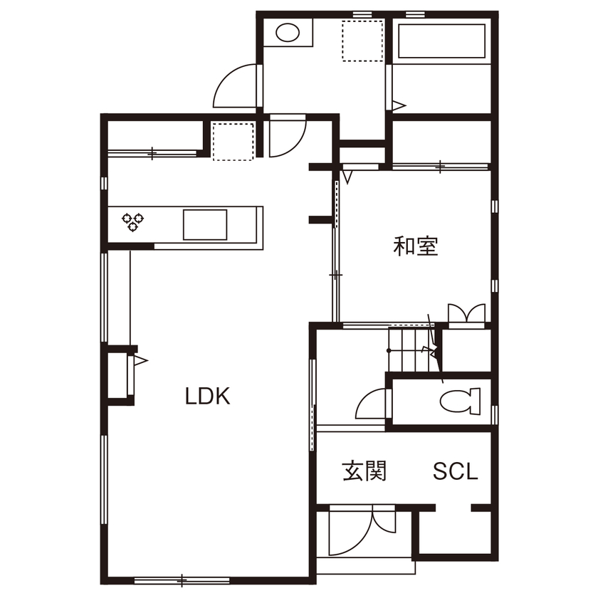木と漆喰 十津川の家 高槻・池田住宅展示場 【2000万円台/間取り図有り/枚方市】触れると温かい。幸せになれる。家族の健康を考えて選んだ木と漆喰の家の間取り図（4LDK＋納戸）1階