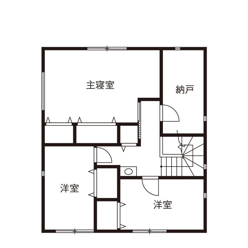 木と漆喰 十津川の家 高槻・池田住宅展示場 【2000万円台/間取り図有り/枚方市】触れると温かい。幸せになれる。家族の健康を考えて選んだ木と漆喰の家の間取り図（4LDK＋納戸）2階
