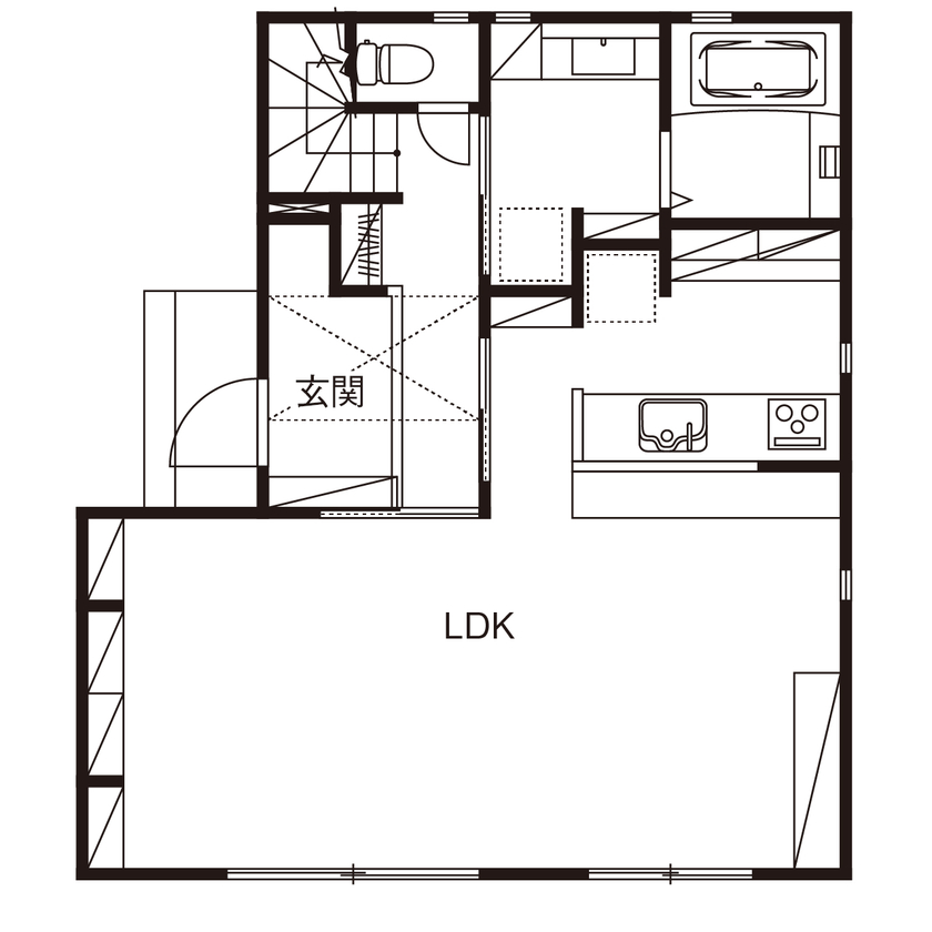 木と漆喰 十津川の家 高槻・池田住宅展示場 【2000万円台/間取り図有り/北摂】おうちライブラリーに家族が集う、国産材とスイス漆喰で建てた家の間取り図（3LDK）1階