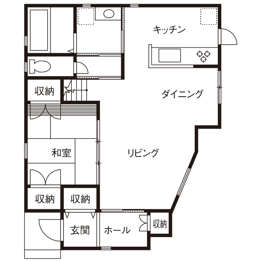 木と漆喰 十津川の家 高槻・池田住宅展示場 【1000万円台/間取り図有り/吹田市】四方を囲まれた旗竿地に光と風が舞う、木とスイス漆喰で建てた家の間取り図（4LDK）1階