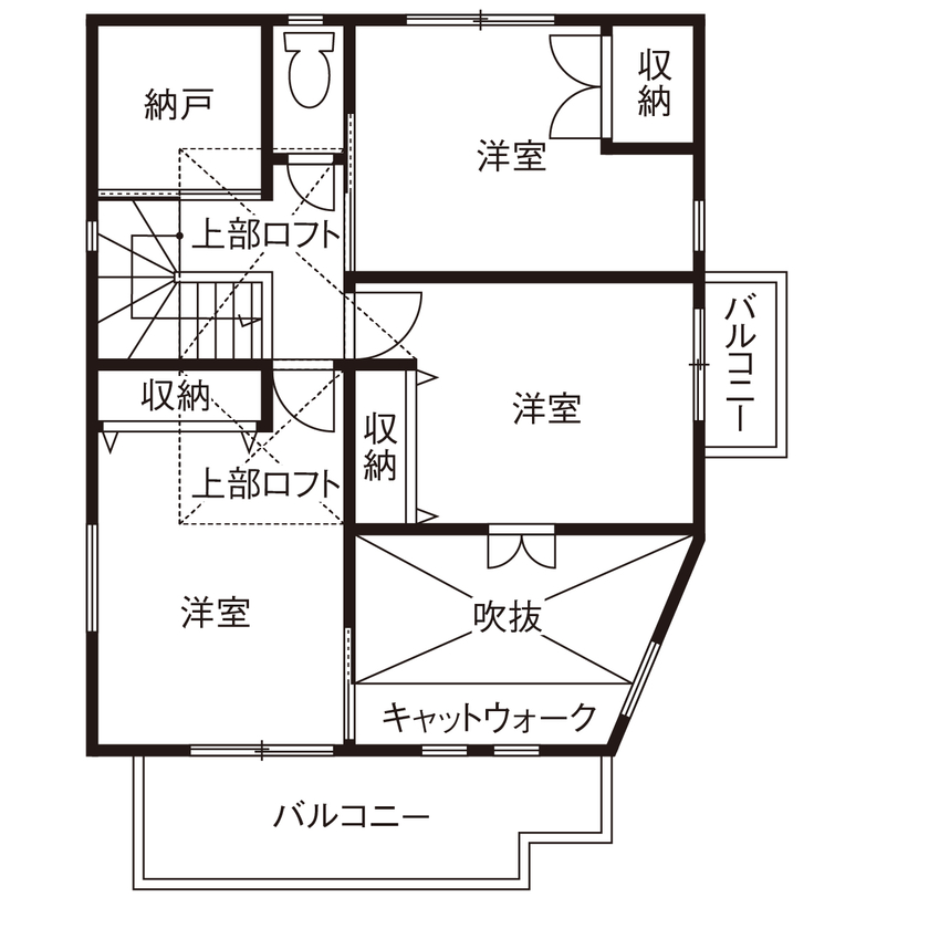 木と漆喰 十津川の家 高槻・池田住宅展示場 【1000万円台/間取り図有り/吹田市】四方を囲まれた旗竿地に光と風が舞う、木とスイス漆喰で建てた家の間取り図（4LDK）2階