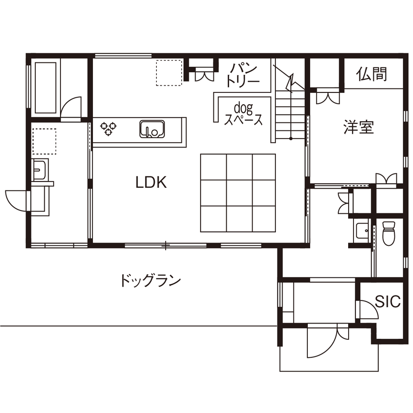 木と漆喰 十津川の家 高槻・池田住宅展示場 【2000万円台/間取り図有り/スキップフロア/高槻市】人にも愛犬にもやさしい「木とスイス漆喰」で建てた家の間取り図（3LDK）1階
