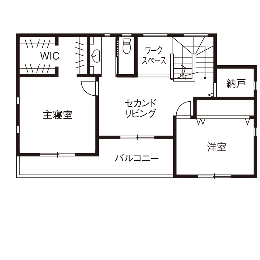 木と漆喰 十津川の家 高槻・池田住宅展示場 【2000万円台/間取り図有り/スキップフロア/高槻市】人にも愛犬にもやさしい「木とスイス漆喰」で建てた家の間取り図（3LDK）2階