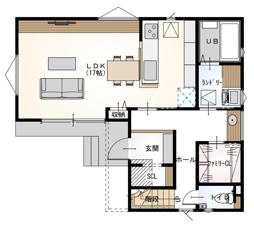 木と漆喰 十津川の家 高槻・池田住宅展示場 【2000万円台/間取り図有り】造作棚に家族写真や観葉植物がたくさん！ギャラリーのある木と漆喰の家の間取り図（3LDK）1階
