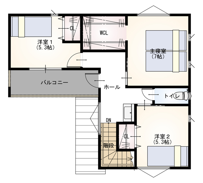 木と漆喰 十津川の家 高槻・池田住宅展示場 【2000万円台/間取り図有り】造作棚に家族写真や観葉植物がたくさん！ギャラリーのある木と漆喰の家の間取り図（3LDK）2階