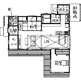 無垢Story 【カフェ風×無垢材・漆喰｜岐阜県山県市】スタイリッシュ＆ナチュラルを追求した大空間のある木の家の間取り図null1階