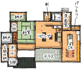無垢Story 【造作家具×和モダン｜岐阜県各務原市】自然素材に包まれた木の香り漂うナチュラルな和モダンの家の間取り図null1階