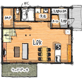 無垢Story 【造作家具×自然素材｜愛知県豊田市】無垢材と漆喰が織りなすシンプル＆モダンなカフェ風の木の家の間取り図null1階