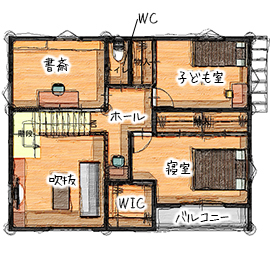 無垢Story 【造作家具×自然素材｜愛知県豊田市】無垢材と漆喰が織りなすシンプル＆モダンなカフェ風の木の家の間取り図null2階