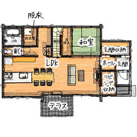 無垢Story 【造作家具×無垢材｜岐阜県安八町】アウトドア派にピッタリ！カフェ風のサーファーズハウスの間取り図null1階