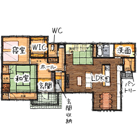 無垢Story 【造作家具×ナチュラル｜愛知県小牧市】木の香りの広がる無垢と漆喰でできたナチュラルなカフェ風の家の間取り図null1階