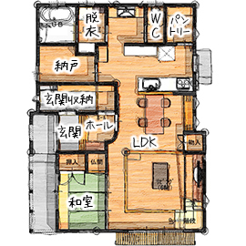 無垢Story 【造作家具×和カフェ｜愛知県海部郡】木造＆スタイリッシュな自然素材に包まれた和モダンの家の間取り図null1階