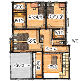 無垢Story 【造作家具×和カフェ｜愛知県海部郡】木造＆スタイリッシュな自然素材に包まれた和モダンの家の間取り図null2階