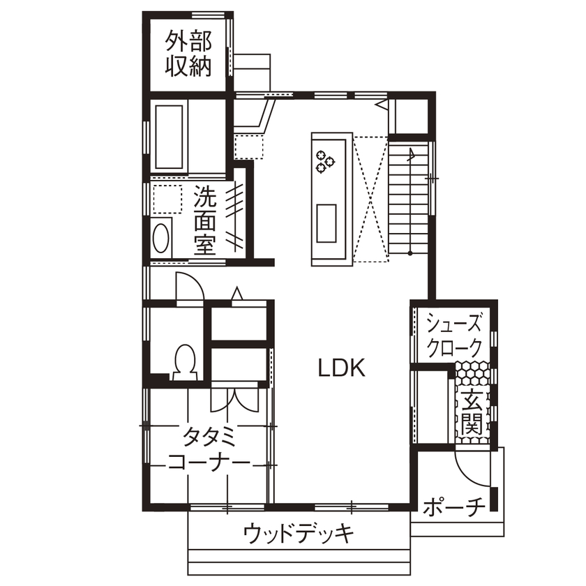 無垢Story 【2000万円台/カリフォルニア/40坪台/間取図有】潮風にさらされた風合いも造作。アウトドアスタイルのお家の間取り図（3LDK）1階