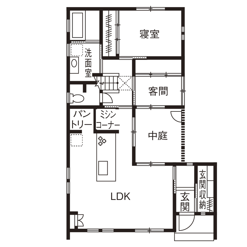 無垢Story 【岐阜県/1000万円台/平屋風/中庭/30坪台/間取図有】手仕事が好きな夫婦が選んだ家具まで造作の平屋風の家の間取り図（3LDK）1階