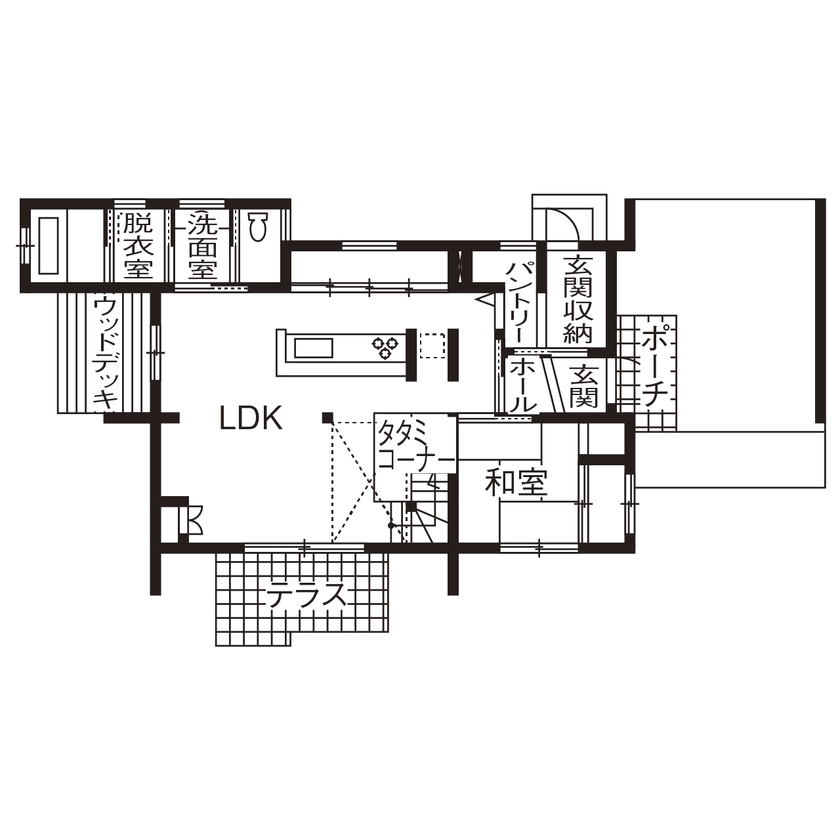 無垢Story 【岐阜県/2000万円台/ビルトインガレージ/40坪台/間取図有】開放的な吹抜けのあるアンティークな家の間取り図（4LDK）1階