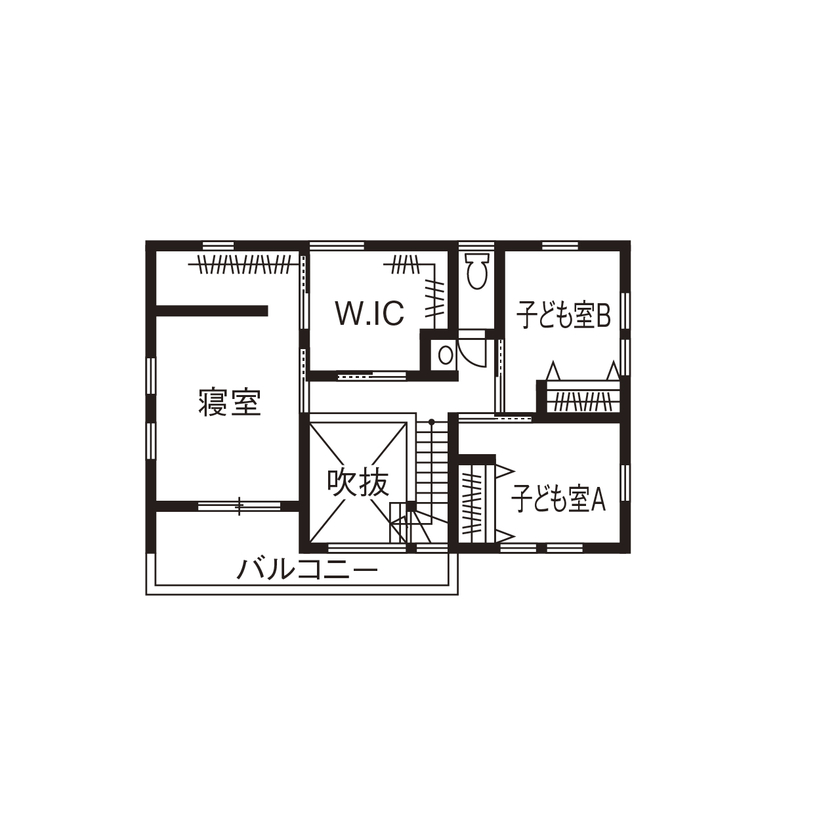 無垢Story 【岐阜県/2000万円台/ビルトインガレージ/40坪台/間取図有】開放的な吹抜けのあるアンティークな家の間取り図（4LDK）2階