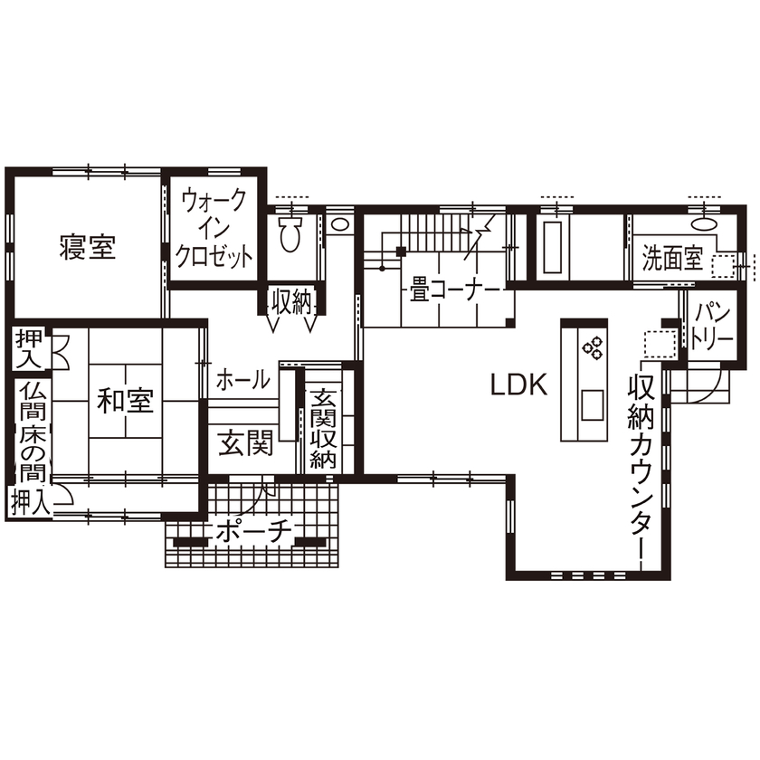 無垢Story 【二世帯住宅】厳選した自然素材と職人の造作家具に癒されるカフェにいる居心地の家｜間取り図有の間取り図（5K以上）1階